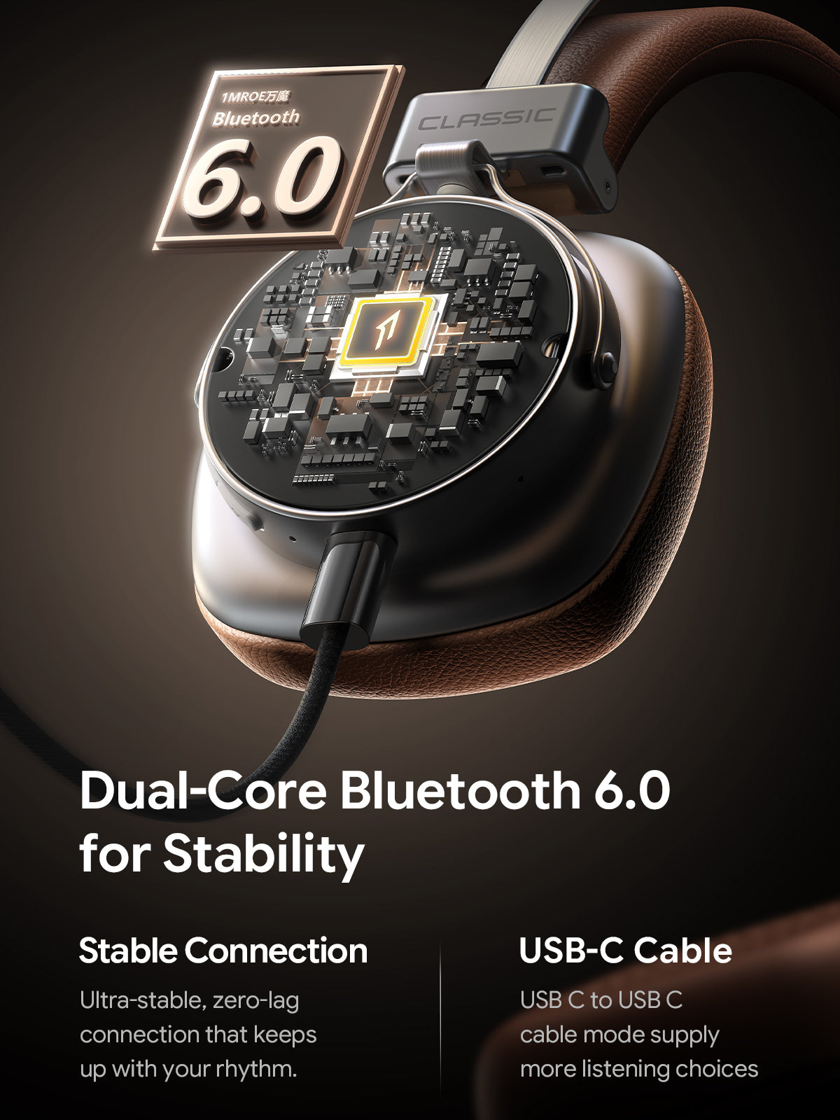 1MORE Classic HQ36 Wireless on-Ear Headphones, Hi-res Audio, Spatial Audio  Brown