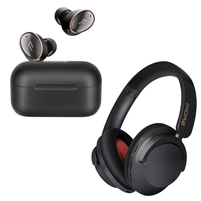 a black headphones with a case