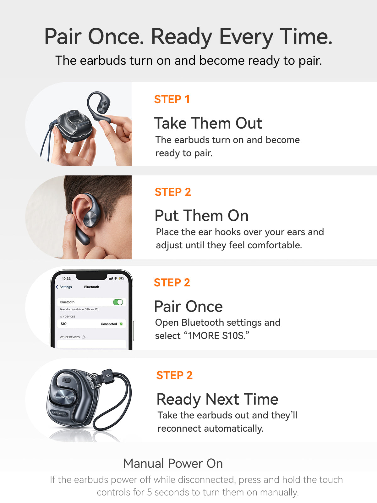 1MORE S10s Open Ear Earbuds, Secure Fit, Soft Comfort